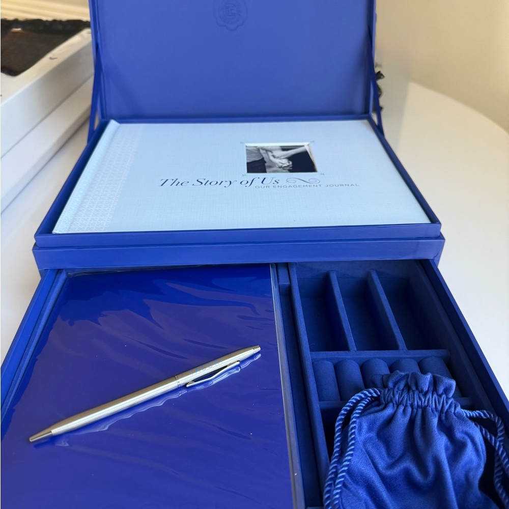 TACORI Blue Keepsake Engagement Box Jewelry Organizer with Silver Pen, Pouch